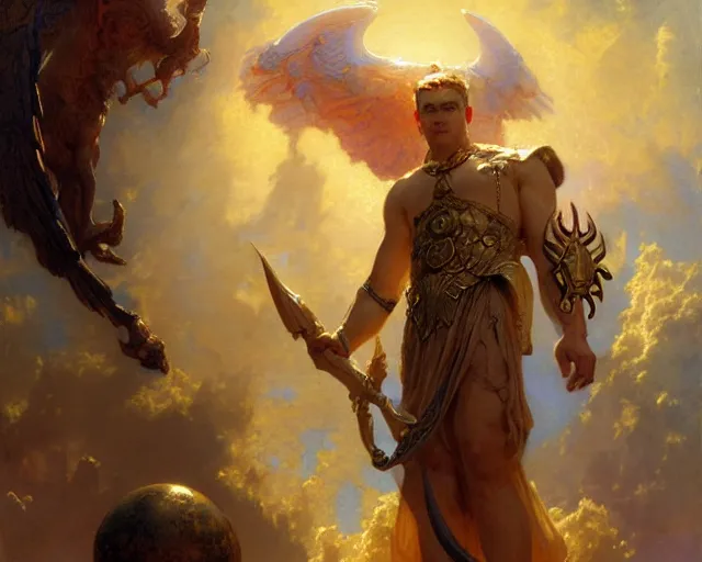 Image similar to attractive heroic male deity, casts magic, summoning handsome heroic lucifer morning star. highly detailed painting by gaston bussiere, craig mullins, j. c. leyendecker 8 k