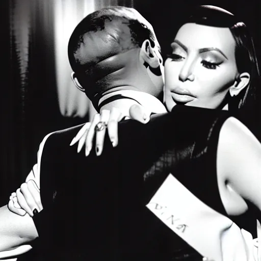 Image similar to Frank sinatra being hugged lovingly by kim kardashian