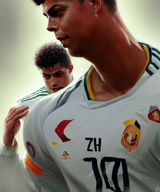 Image similar to ronaldo luis nazario da lima, football player, highly detailed, digital painting, artstation, concept art, smooth, sharp focus, illustration, art by artgerm and greg rutkowski and alphonse mucha