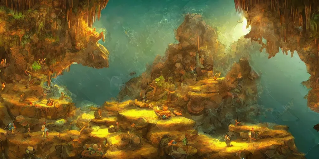 Image similar to vietnamese sunken cave scene, 2 d game art background, level design, muted colors, in style of lam manh