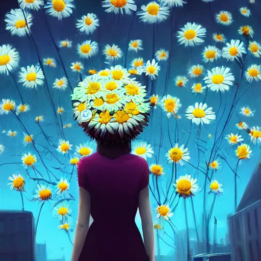 Prompt: closeup, massive daisy flower head, woman in modern city, surreal photography, night light, dark, impressionist painting, digital painting, artstation, simon stalenhag