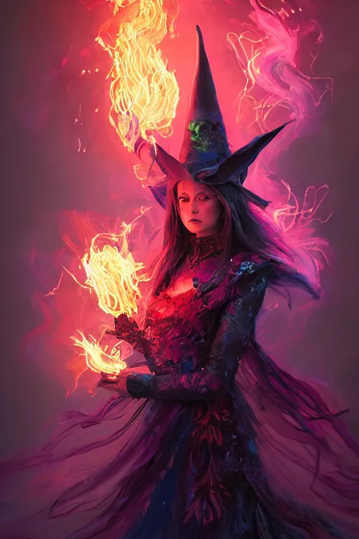 Image similar to a fancy portrait of a beautiful dark magician women wearing a great witches hat covered in colourfull flames by Greg Rutkowski, Sung Choi, Mitchell Mohrhauser, Maciej Kuciara, Johnson Ting, Maxim Verehin, Peter Konig, final fantasy , mythical, 8k photorealistic, cinematic lighting, HD, high details, atmospheric,