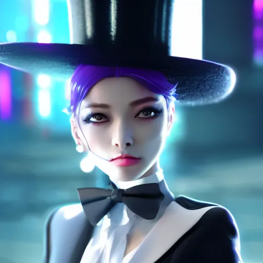 Image similar to beautiful anime woman, pinstripe suit, top hat, cyberpunk background, rendered in octane, unreal engine, raining, highly detailed, trending on artstation, realistic, neon