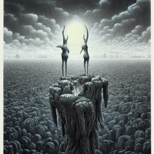 Prompt: a hyperrealistic brightly colored painting of a psychedelic alien nightmare, blue skies, by john kenn mortensen and zdzislaw beksinski, highly detailed, vivid color,