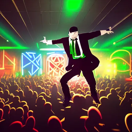 Image similar to a detailed picture of adolf hitler dancing at a rave, edm fans, neon lights, dance club rave, volumetric lighting, greg rutkowski and alphonse mucha, 8 k, octane render