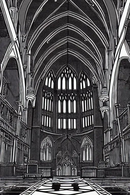 Prompt: a beautiful linocut print on paper of st pancreas interior, london, 8 k, frostbite 3 engine, cryengine, dof, trending on artstation, digital art, crepuscular ray, by gail brodholt