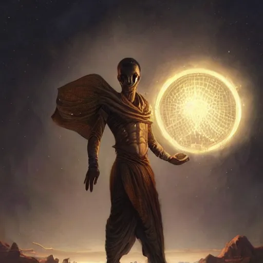 Prompt: male nomad wearing a cloak on an alien world and holding a holographic planet projection in his hand, covered face, detailed, sci - fi, digital painting, artstation, sharp focus, illustration, artgerm, tomasz alen kopera, peter mohrbacher, donato giancola, joseph christian leyendecker, wlop, frank frazetta