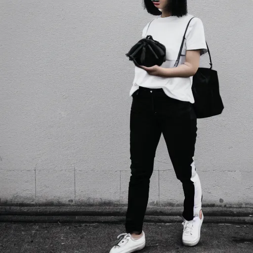 Image similar to street photography, asian woman wearing a black baseball cap and a white t shirt and high waisted mom jeans and white sneakers