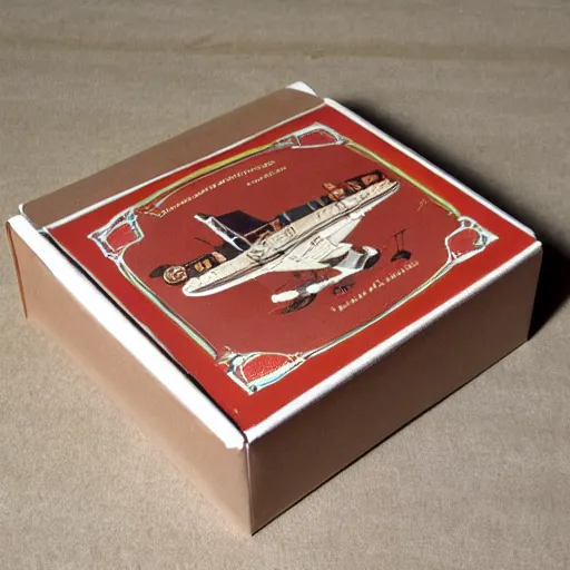 Prompt: vintage craft paper gift box for men, old school, wes anderson style, sealed with old wax