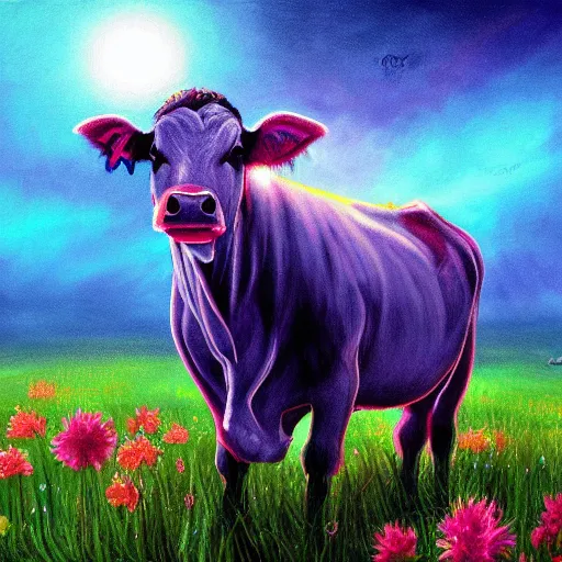 Image similar to a fantasy artwork of a cow in a field of glowing flowers, godlen light shines on the cow