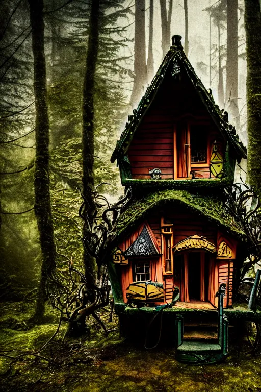 Prompt: a photograph of a ramshackle multistory fairytale hut in the forest, intricate, elegant, fantasy, highly detailed, overcast lighting, sharp focus