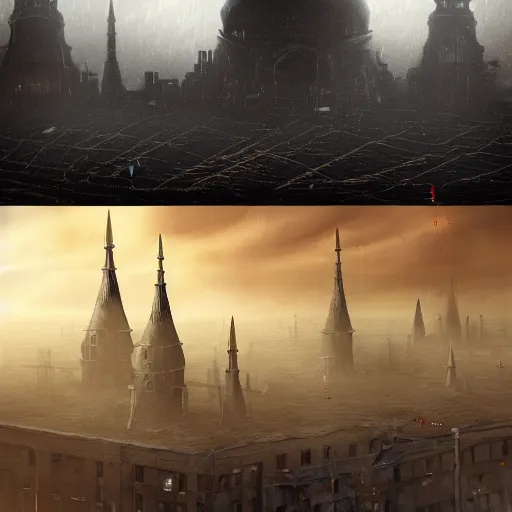 Image similar to Digital art, trending on Artstation, imperial russian warhammer 40k citadel black domes and tall radio spires, Dark and rainy mega city with towering walls built to block the migrants of the coming climate change migrant crisis showing piles of hundred bodies outside to maintain a quality of life for those who can survive the severe and deadly weather patterns observing small children targeted by advanced military style drones, dystopian, pbr render, concept art illustration, tilt shift background, wide depth of field, 8k, 35mm film grain