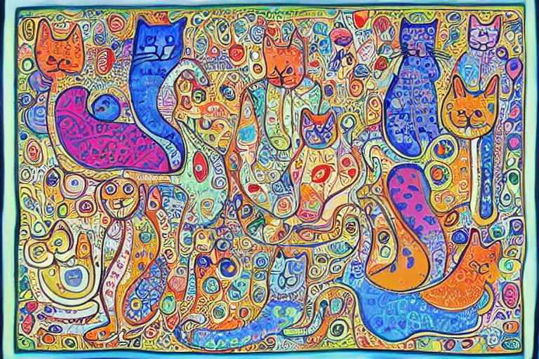 Image similar to beautiful art illustration of a group of cats by laurel burch, highly detailed