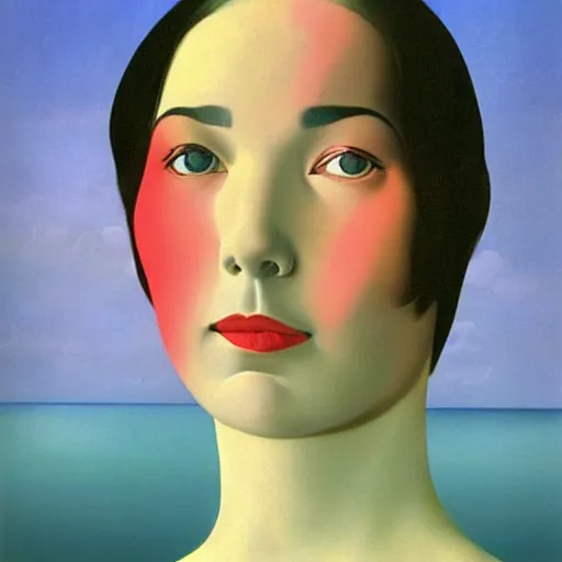 Image similar to very detailed portrait of photorealistic bjork floating above the ocean into a gray skay. painted by rene magritte, 1 9 2 7. oil on canvas.