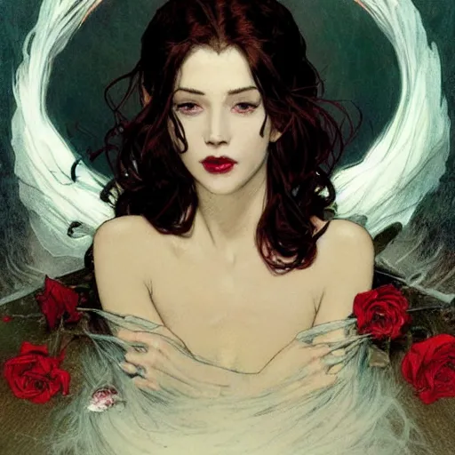 Image similar to portrait of a menacing beautiful vampire, head only, headshot, detailed and clear eyes and mouth, blinding white hair, roses scattered everywhere, by Stanley Artgerm Lau , greg rutkowski, thomas kindkade, alphonse mucha, loish, norman rockwell, J. C. Leyendecker. hair waving in the wind, pale skin, sinister complexion, thorn crown, image bordered by thorns, thorn background. D&D, fantasy. Trending on artstation rule of thirds extremely detailed illustration hd 4k