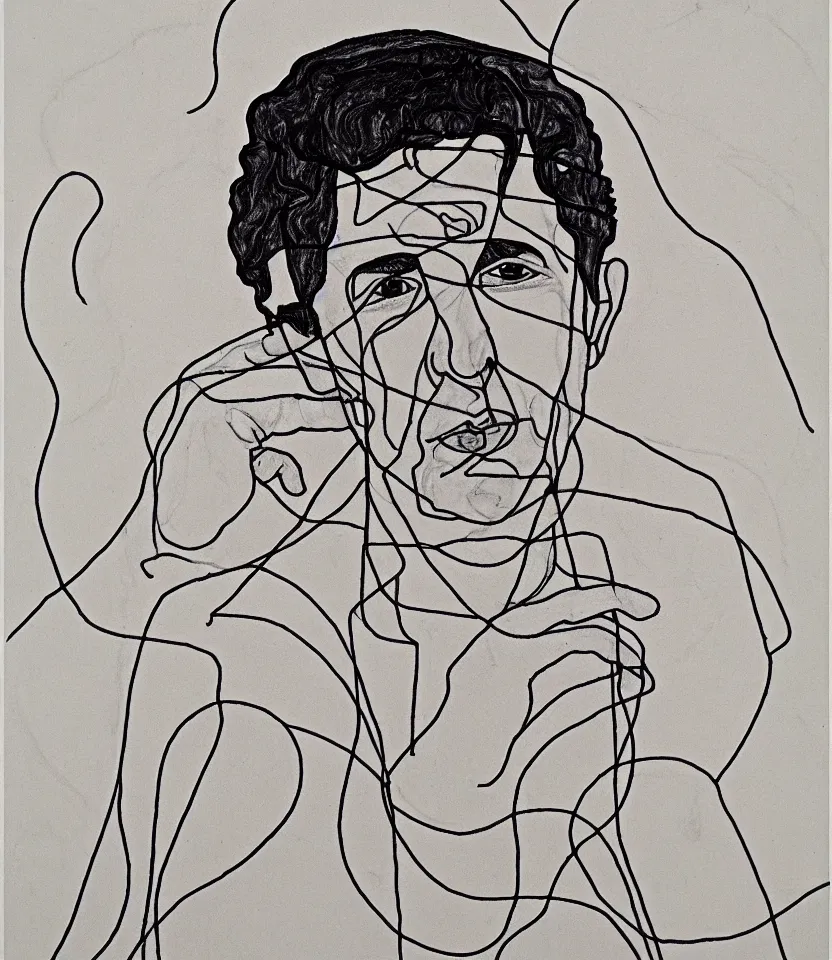 Prompt: line art portrait of leonard cohen inspired by egon schiele. contour lines, twirls and curves, musicality