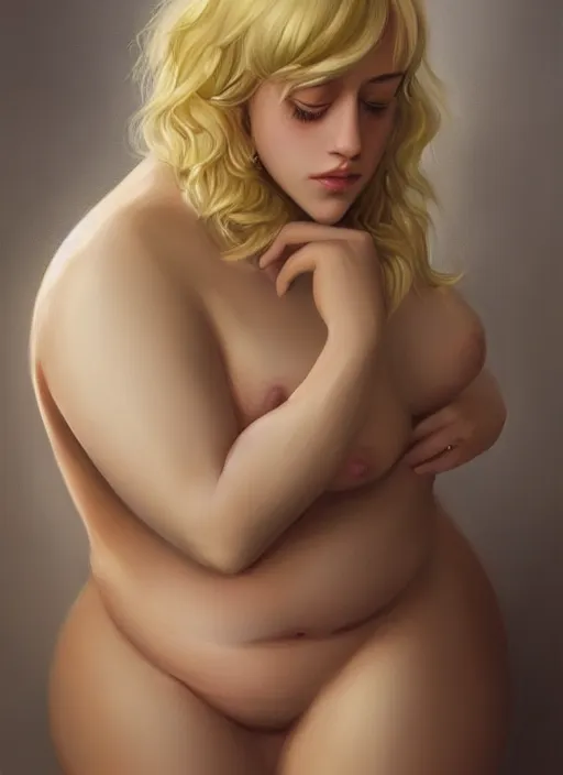 Image similar to full body portrait, teenage lili reinhart, blonde hair, obese, bangs, ponytail, sultry, realistic, sultry smirk, fluffy bangs, curly bangs, fat, belly, intricate, elegant, highly detailed, digital painting, artstation, concept art, smooth, sharp focus, illustration, art by wlop, mars ravelo and greg rutkowski