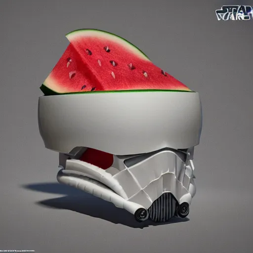 Image similar to wide shot, intricate hyper detailed ultra sharp, watermelon carving, watermelon shaped as star wars stormtrooper helmet, material is!!! watermelon!!!, sharp focus, global illumination, oil painting, museum, masterpiece, vermeer, radiant light, alexandre ferra, irakli nadar, octane render, unreal engine, 4 k, ultra hd,