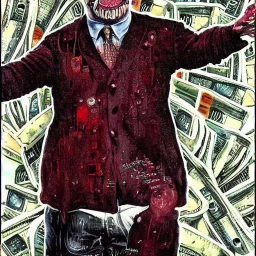 Image similar to George Soros full body shot, dollar bills Body horror, biopunk, by Ralph Steadman, Francis Bacon, Hunter S Thompson