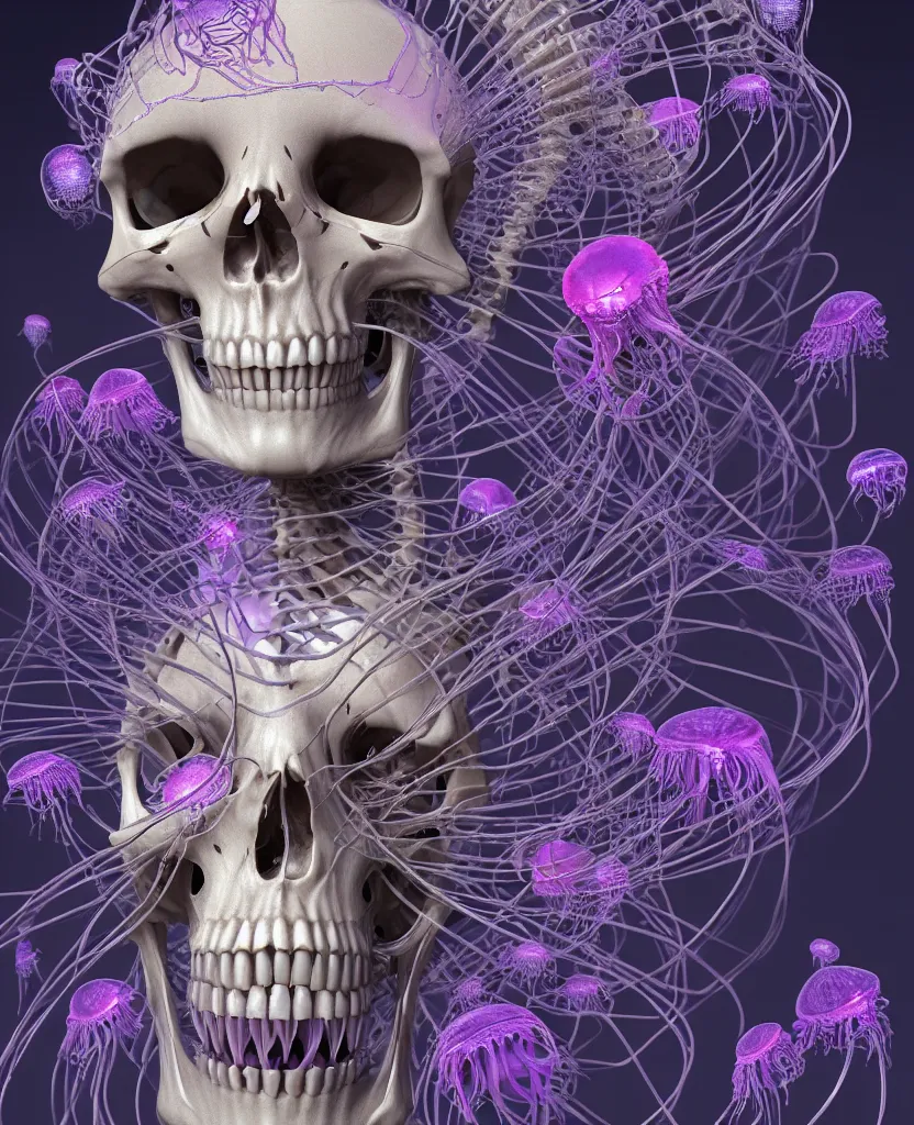 Image similar to goddess close-up portrait human skeleton, ram skull, skeleton, thorax, x-ray, backbone, jellyfish phoenix head, nautilus, orchid, skull, betta fish, bioluminiscent creatures, intricate artwork by Tooth Wu and wlop and beeple. octane render, trending on artstation, greg rutkowski very coherent symmetrical artwork. cinematic, hyper realism, high detail, octane render, 8k