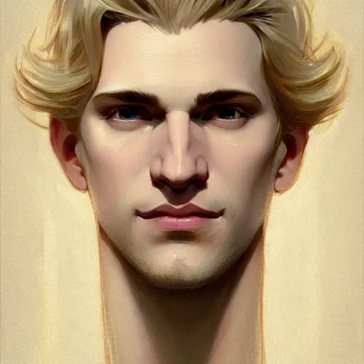 Image similar to Blond pale white Lucius with closed eyes smiling, very detailed sharp angular masculine face, hooked nose and square jaw, long fluffy curly blond hair, light blond hair, clean shaven, gorgeous, beautiful, intricate, highly detailed, digital painting, artstation, concept art, sharp focus, illustration, art by greg rutkowski and alphonse mucha