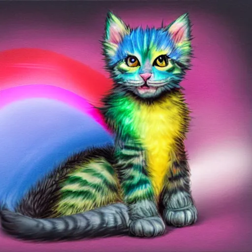 Image similar to wide angle full body, of a fluffy cute rainbow kitten wearing a black leather motorcycle jacket, concept art