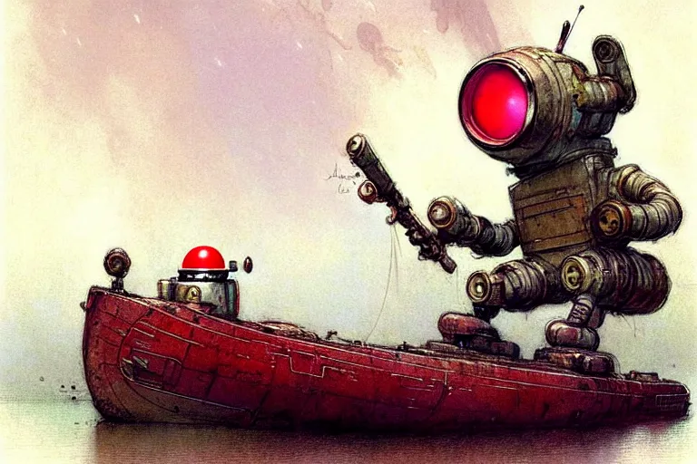 Prompt: adventurer ( ( ( ( ( 1 9 5 0 s retro future robot android mouse large house boa rvt tug boat calm stream. muted colors. ) ) ) ) ) by jean baptiste monge!!!!!!!!!!!!!!!!!!!!!!!!! chrome red