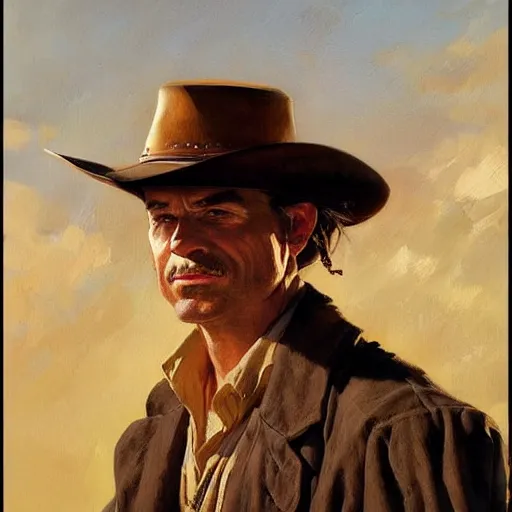 Image similar to a man, cowboy hat, portrait, wild west, fantasy, highly detailed, oil painting, artstation, concept art, illustration, art by J. C. Leyendecker and norman rockwell