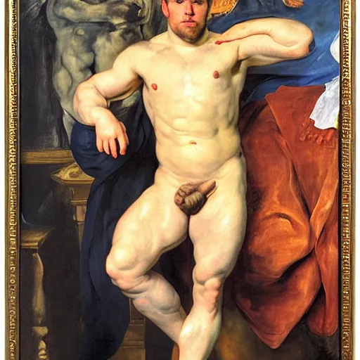 Image similar to russian young muscular athlete man posing in his living room, 1987, Peter Paul Rubens, manet, renoir