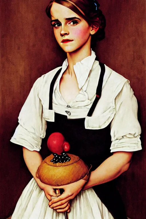 Image similar to photo photorealistic portrait photograph Emma Watson as maid portrait by Norman Rockwell