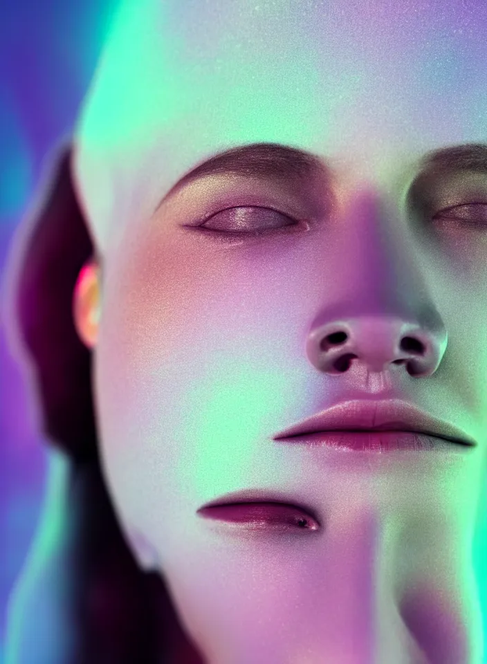 Image similar to high quality pastel coloured film close up headshot of a cyborg model in an icelandic black rock!! environment in a dreamstate environment. three point light. photographic. art directed. pastel colours. volumetric light. pastel gradient overlay. waves. extreme facial detail. 8 k. filmic.