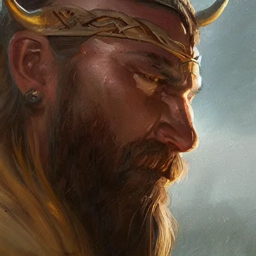 Prompt: a beautiful artwork side profile portrait of a viking with horns by greg rutkowski , featured on artstation, norse mythology, valhalla