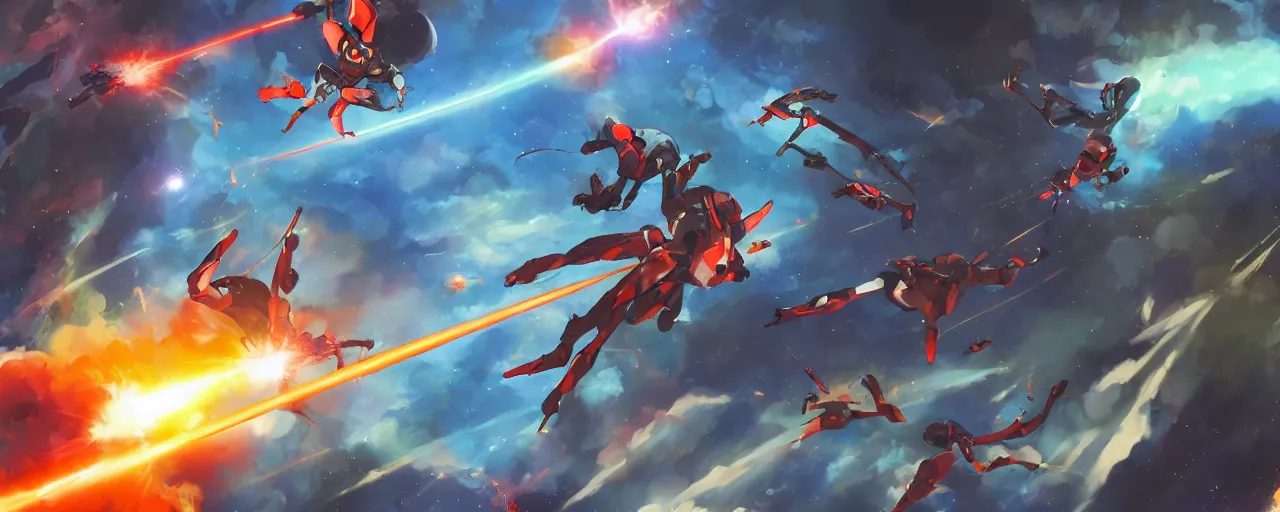 Image similar to fantasy epic monkey gunfight in space, laser guns, anime, evangelion, concept art, 4 k