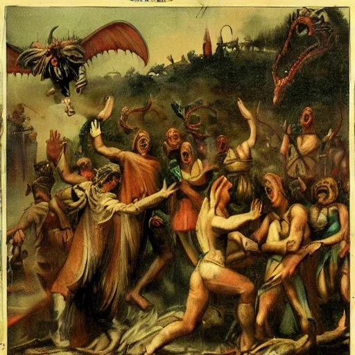Image similar to a crowd of people banish a demon, horror art