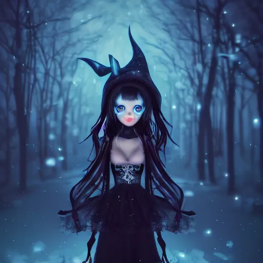 Prompt: focus face portrait of beautiful darkness witch 3D anime girl, dark forest background, snowing, bokeh, inspired by Tim Burton, Giger, digital painting, high contrast, unreal engine render, volumetric light, high détail