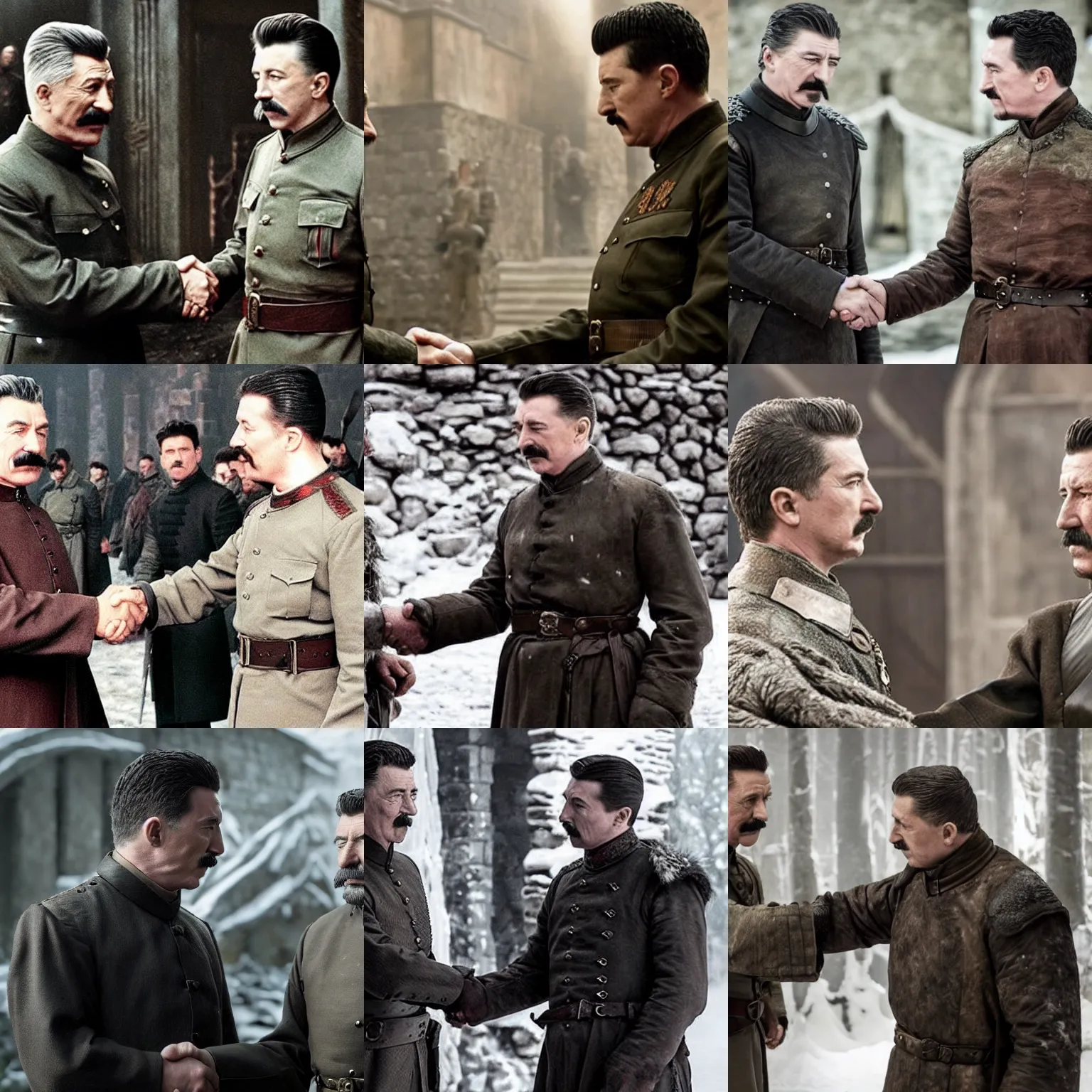 Prompt: Still of Joseph Stalin shaking hands with petyr baelish in Game of Thrones