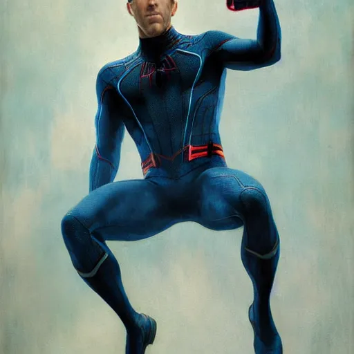 Image similar to ryan reynolds as spider - man, wearing a black and blue suit, cinematic, volumetric lighting, f 8 aperture, cinematic eastman 5 3 8 4 film, photorealistic by greg rutkowski, by stanley artgerm, by alphonse mucha