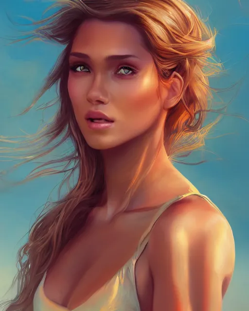 Prompt: summer vibes, beautiful sun tanned woman portrait, flowy hair, sun, summer, cinematic lighting, highly detailed, digital painting, trending on artstation, pixiv, concept art, sharp focus, illustration, art by ross tran and wlop