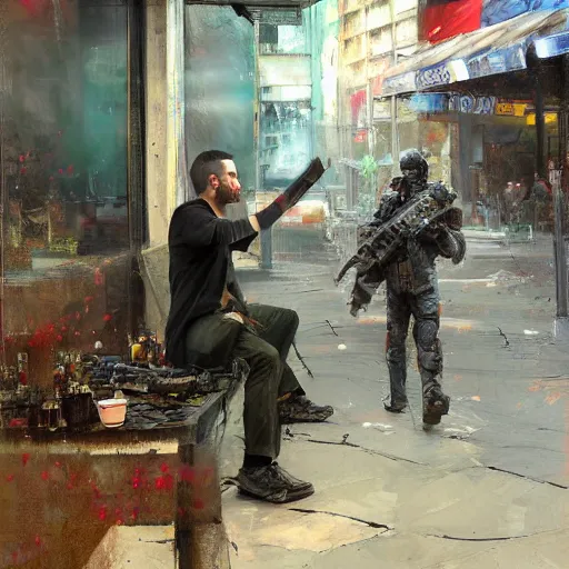 Image similar to a realistic hyperdetailed multi - colored digital oil full body portrait painting of a man playing warzone outside at a restaurant, beer in hand, in the style of guy denning, ruan jia, and craig mullins. trending on artstation and deviantart. cgsociety digital art.