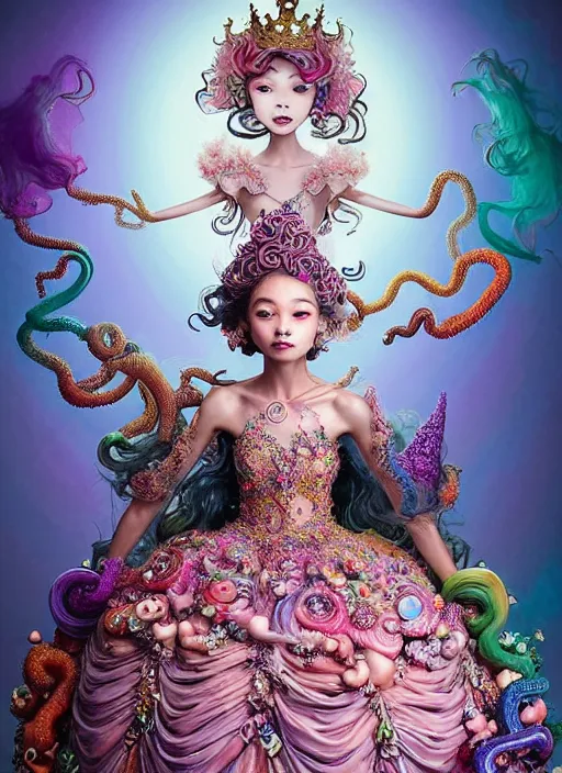 Image similar to A full body shot of a cute and mischievous young monster princess wearing an ornate gown. Covered in barnacles and tentacles. Dynamic Pose. Quinceanera dress. Rainbow palette. rainbowcore. Eldritch Beauty. defined facial features, symmetrical facial features. Opalescent surface. beautiful lighting. By Ruan Jia and Artgerm and Range Murata and WLOP and Ross Tran and William-Adolphe Bouguereau. Key Art. realistic, Hyperdetailed. Fantasy Illustration. Masterpiece. artstation, award winning, sharp, details, HD, HDR, 4K, 8K.