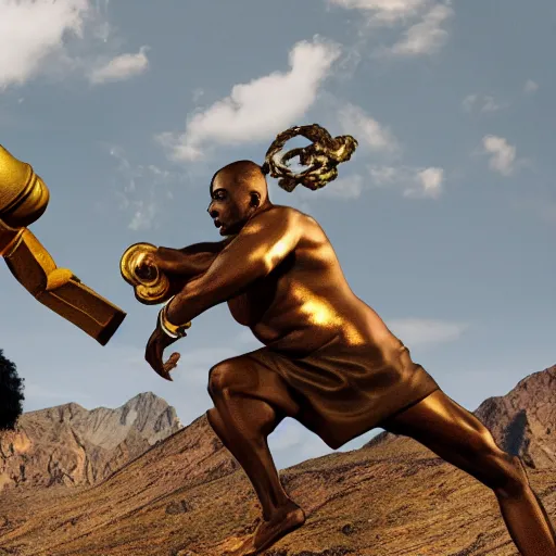 Prompt: black person with golden mace in hands fighting lenin in mountains, photorealistic