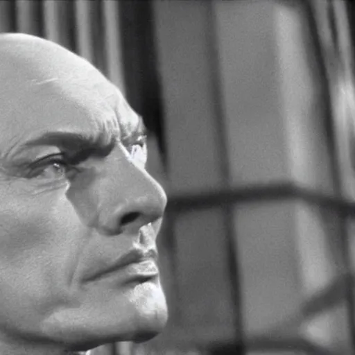 Prompt: a cinematic still of a disembodied head of Yul Brynner judging and scowling at the village that lives on the land below him