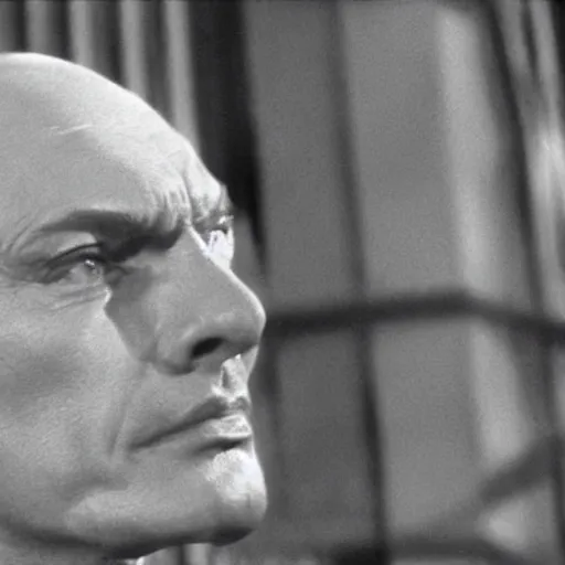 Image similar to a cinematic still of a disembodied head of Yul Brynner judging and scowling at the village that lives on the land below him