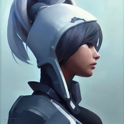 Image similar to greg manchess portrait painting of yorha no. 2 type b as overwatch character, medium shot, asymmetrical, profile picture, organic painting, sunny day, matte painting, bold shapes, hard edges, street art, trending on artstation, by huang guangjian and gil elvgren and sachin teng