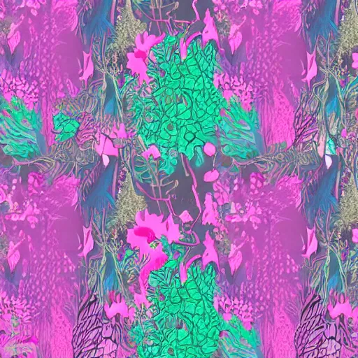 Image similar to pink and purple and turquoise crystals, green vines, forest trees, fantasy and floral