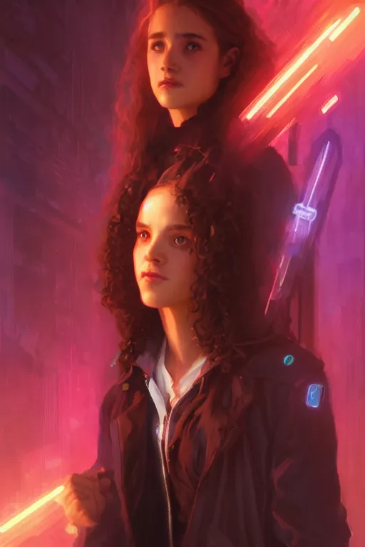 Image similar to portrait of Hermione Granger in cyberpunk, neon lighting, night city, digital art from artstation by Ruan Jia and Mandy Jurgens and Artgerm and william-adolphe bouguereau and Greg Rutkowski and Wayne Barlowe