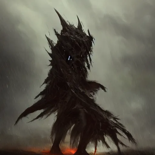 Image similar to concept art, of a horrid creature made of dark clouds, thunderstom, rain, medieval, dark concept art, dark skies painting by wlop, nixeu and greg rutkowski, beautiful, semirealism, artstation, octane render, oil painting, sharpness, 8 k, golden ratio