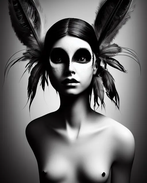 Image similar to surreal mythical dreamy dark artistic black and white fine art 3 / 4 portrait photo of a young delicate mutant female - orchid - bird - cyborg with feather hair, rim light, cinematic, studio dramatic light, poetic, octane render, 8 k, photo - realistic