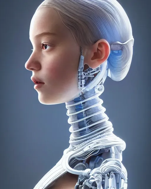 Image similar to weta disney pixar movie still head and torso portrait photo of young millie alicia bobby vikander brown as thoughtful intricate detailed mechanical white plastic cyborg girl by pixar, by weta, wlop, ilya kuvshinov, rossdraws, artgerm, latex, iridescent, bright morning, anime, liosh, mucha