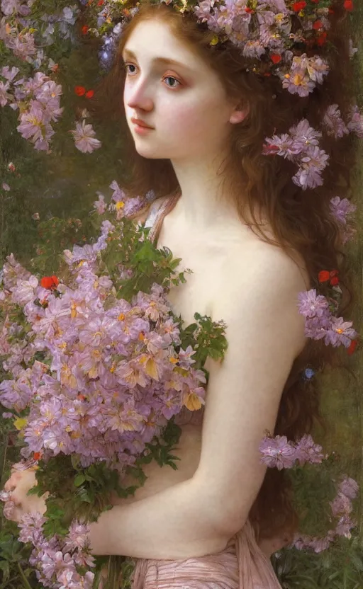 Image similar to a realistic oil painting of a girl resembling lily cole, covered in tons of flowers, highly detailed, intricate, detailed background, fairytale, artstation, by mucha, by william adolphe bouguereau, by waterhouse